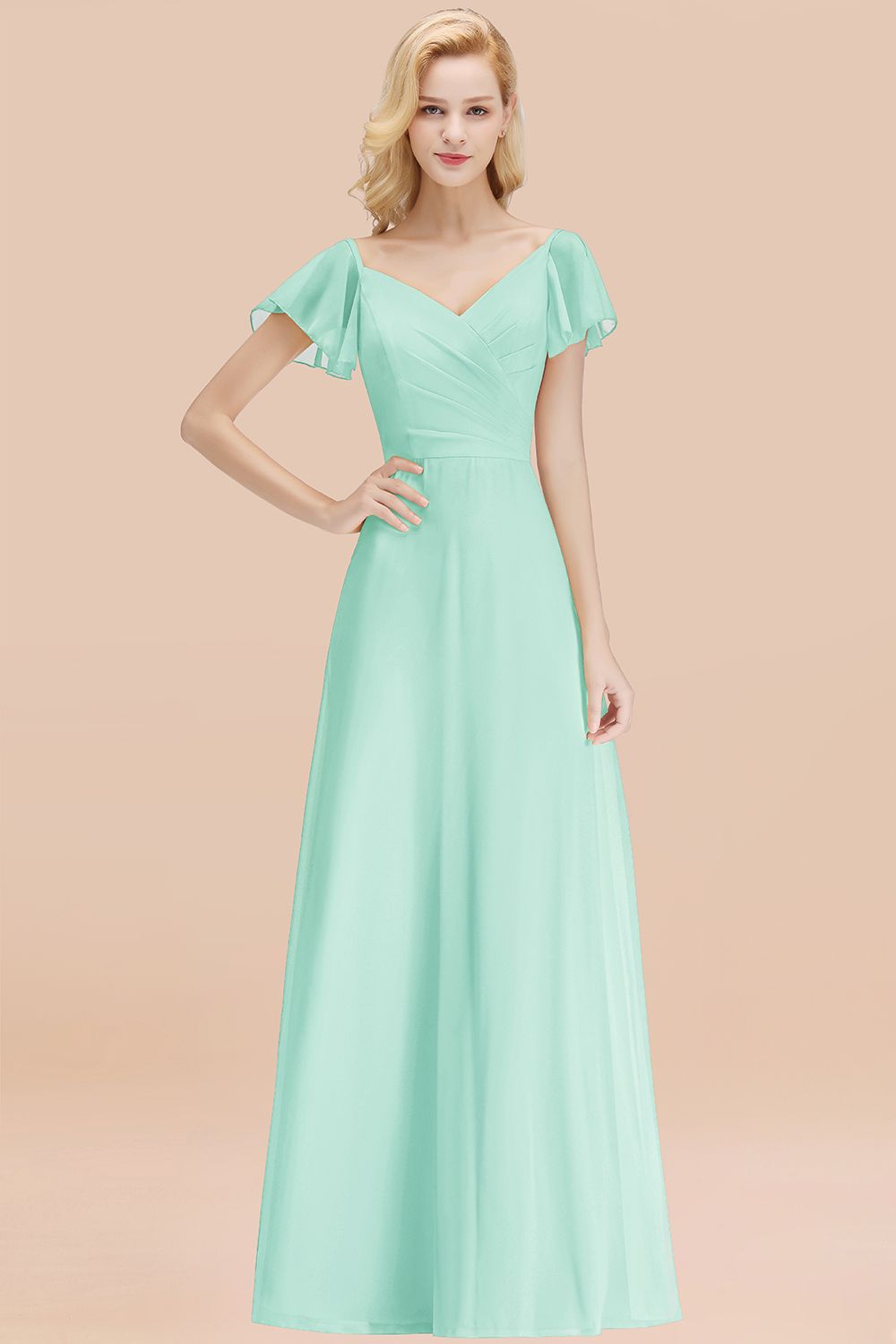 BMbridal Elegent Short-Sleeve Long Bridesmaid Dress Online Yellow Chiffon Hochzeit Party Dress