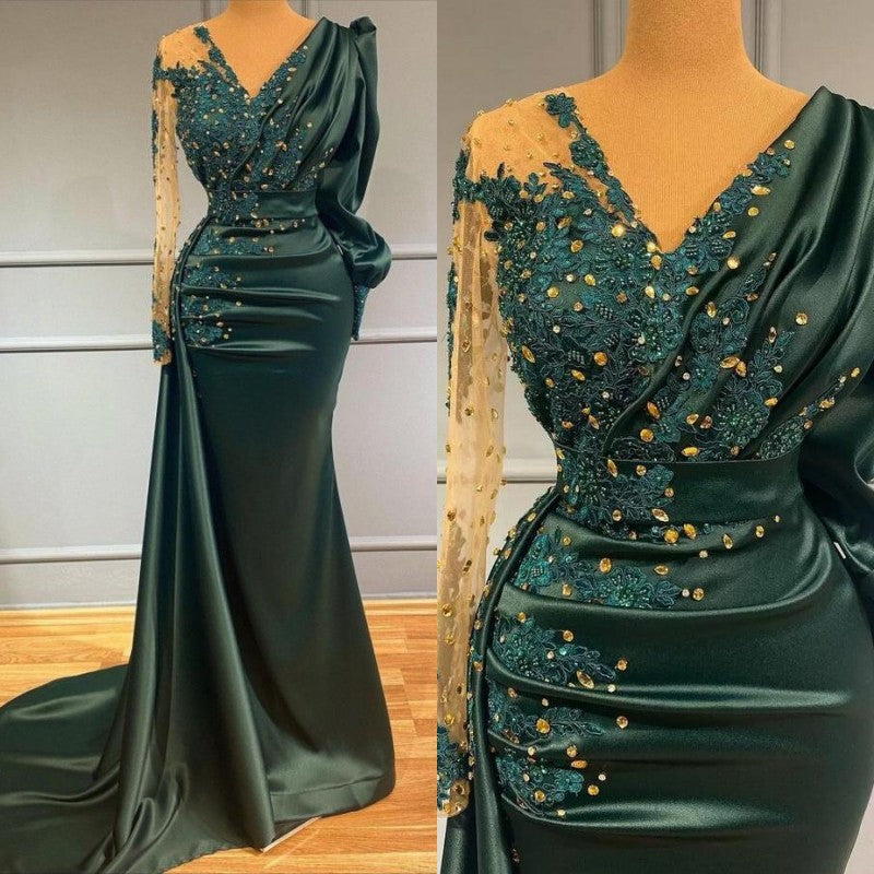 BMbridal Dark Green Langarm Prom Dress Meerjungfrau Stil With Perlens