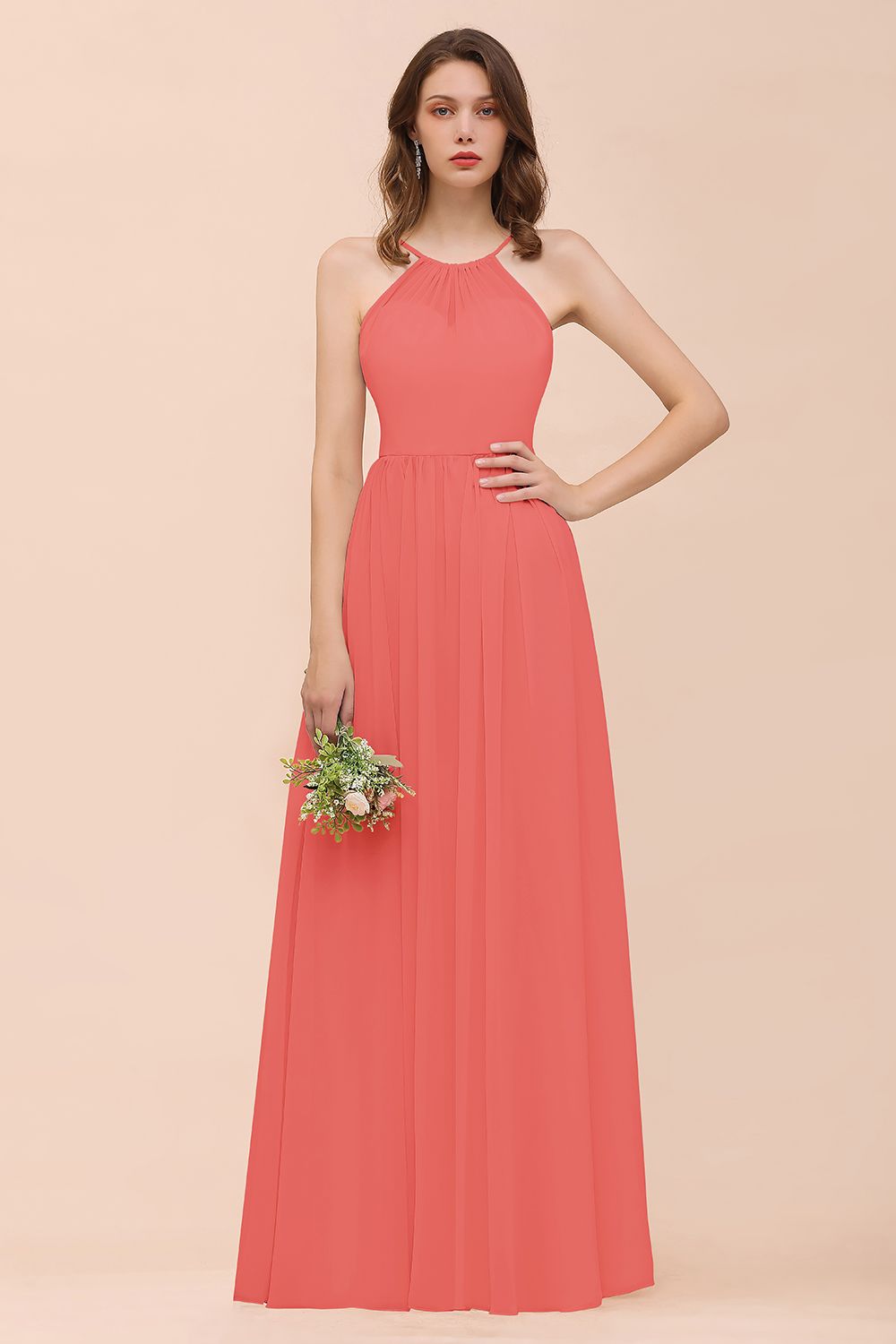 BMbridal Gorgeous Chiffon Neckholder Ruffle Affordable Long Bridesmaid Dress