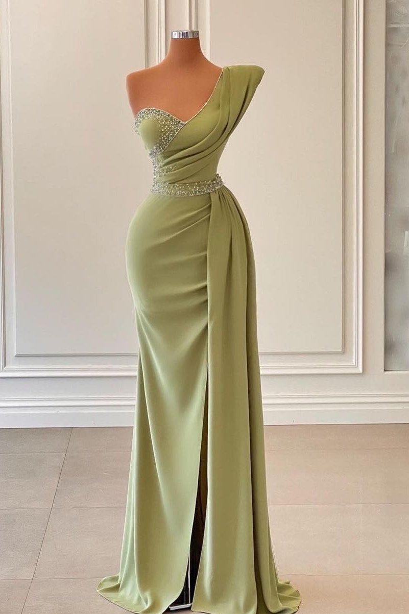 BMbridal Sage Green Ein Schulter Meerjungfrau Stil Prom Dress Long With Rüschen