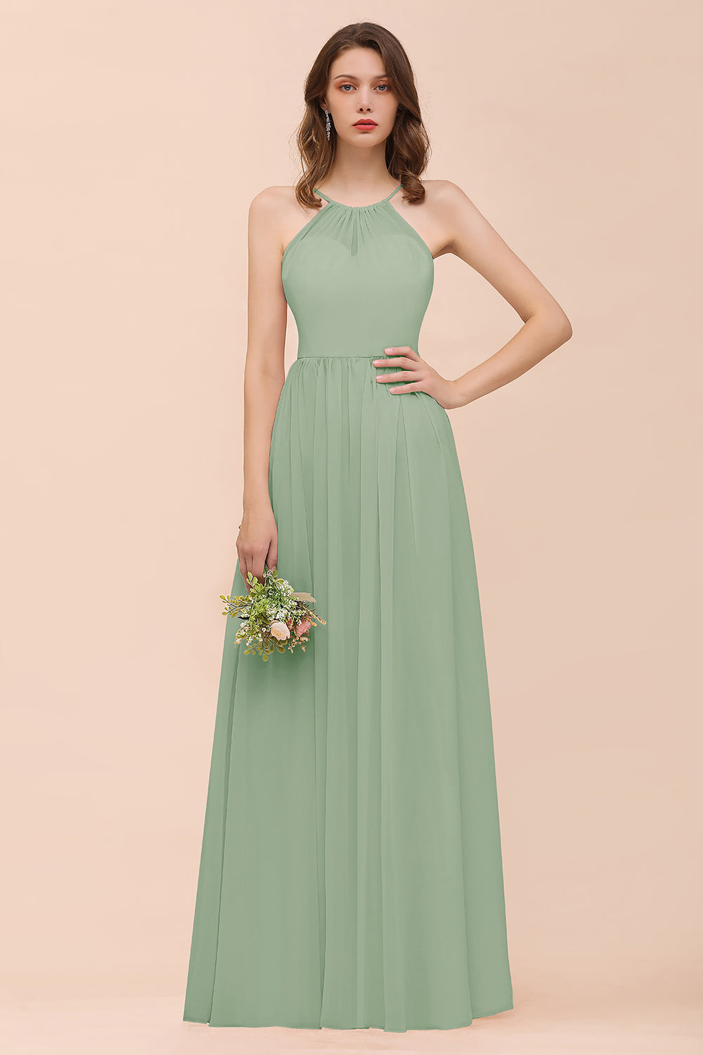 BMbridal Gorgeous Chiffon Neckholder Ruffle Affordable Long Bridesmaid Dress