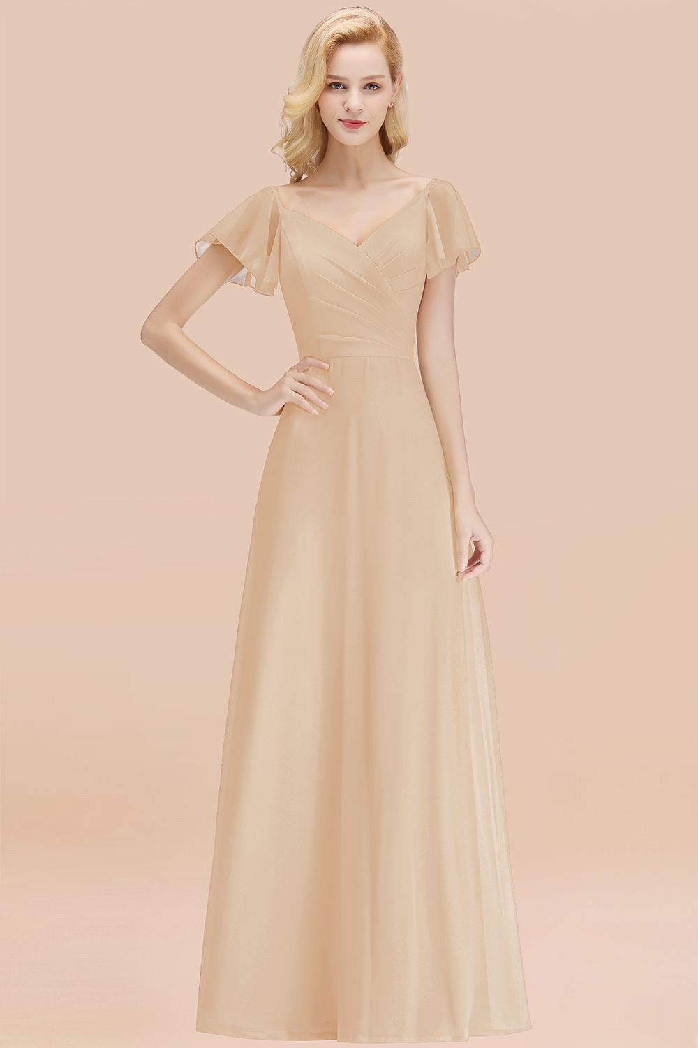 BMbridal Elegent Short-Sleeve Long Bridesmaid Dress Online Yellow Chiffon Hochzeit Party Dress