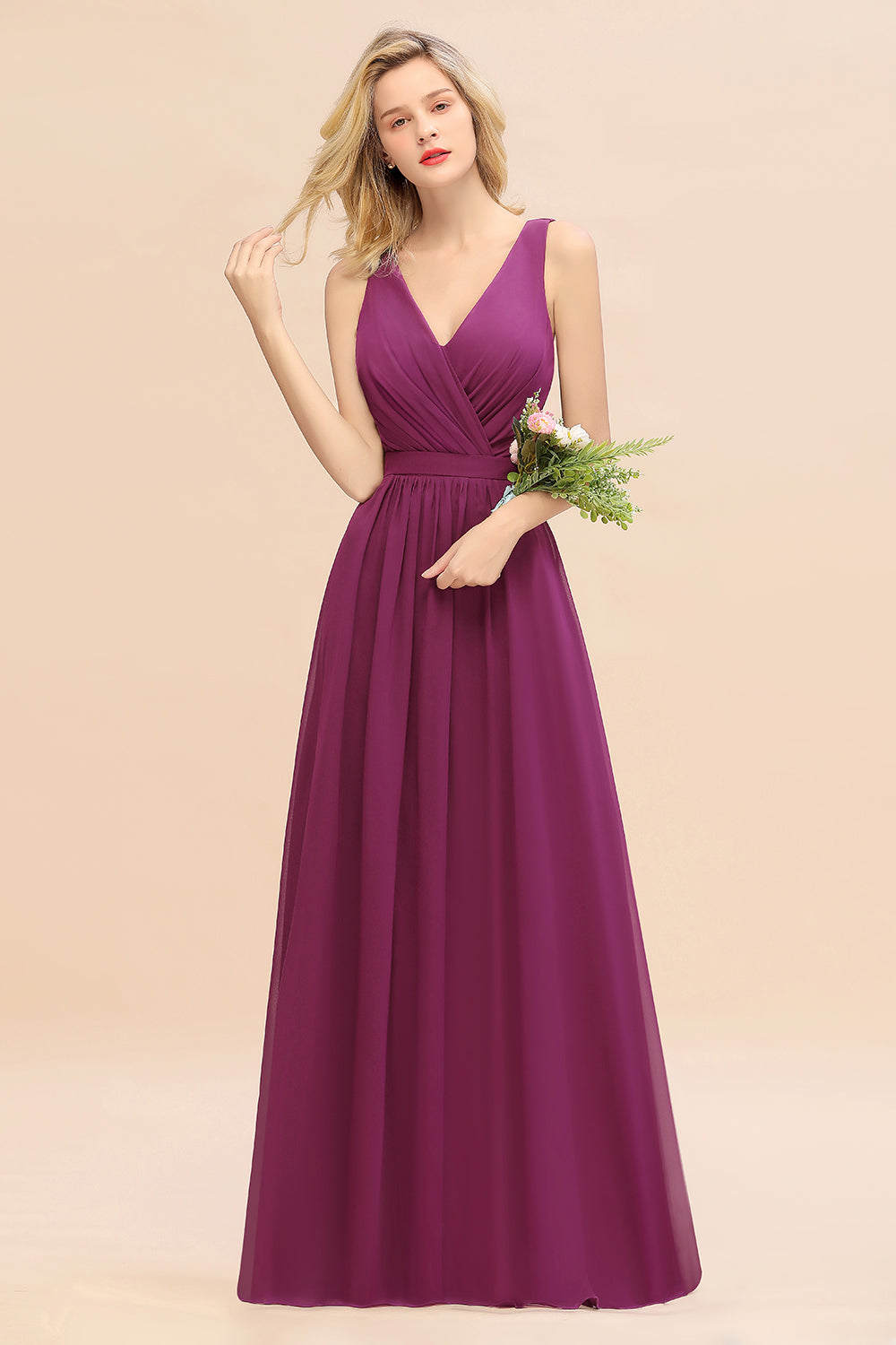 BMbridal Affordable V Ausschnitt Ruffle Long Grape Chiffon Bridesmaid Dress with Schleife