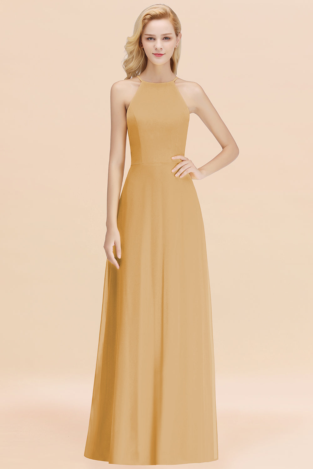 BMbridal Modest High-Neck Yellow Chiffon Affordable Bridesmaid Dresses Online