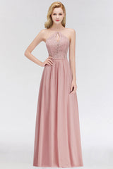 BMbridal Elegant Spitze Keyhole Neckholder Dusty Rose Chiffon Bridesmaid Dress Affordable