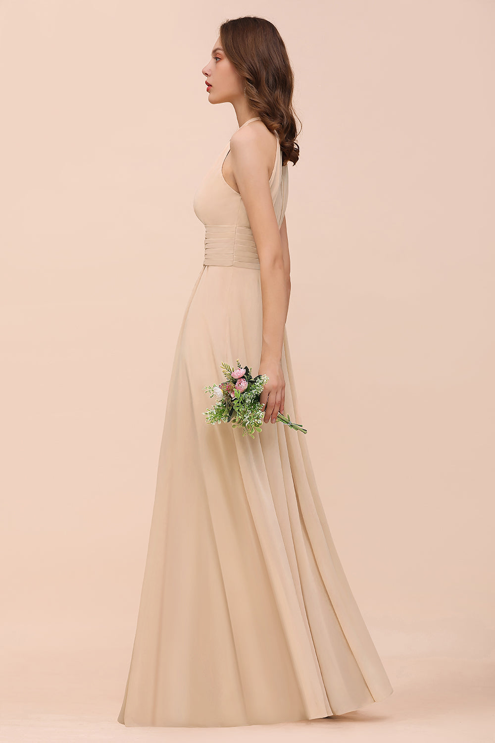 BMbridal Elegant Chiffon Jewel Ruffle Champagne Affordable Bridesmaid Dress Online