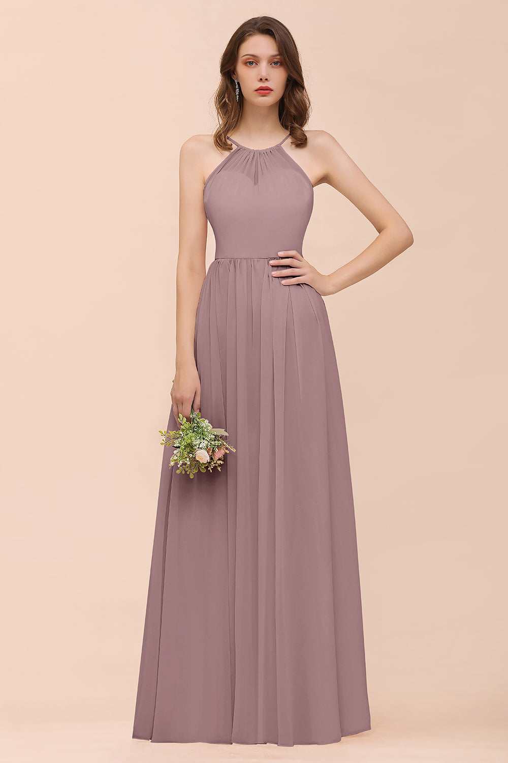 BMbridal Gorgeous Chiffon Neckholder Ruffle Affordable Long Bridesmaid Dress