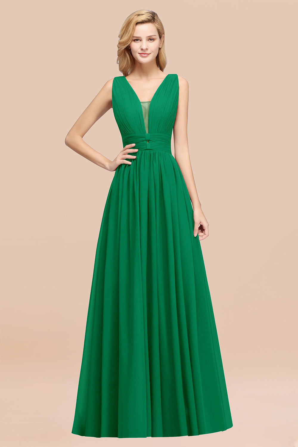 BMbridal Modest Dark Green Long Bridesmaid Dress Deep V Ausschnitt Chiffon Maid of Honor Dress