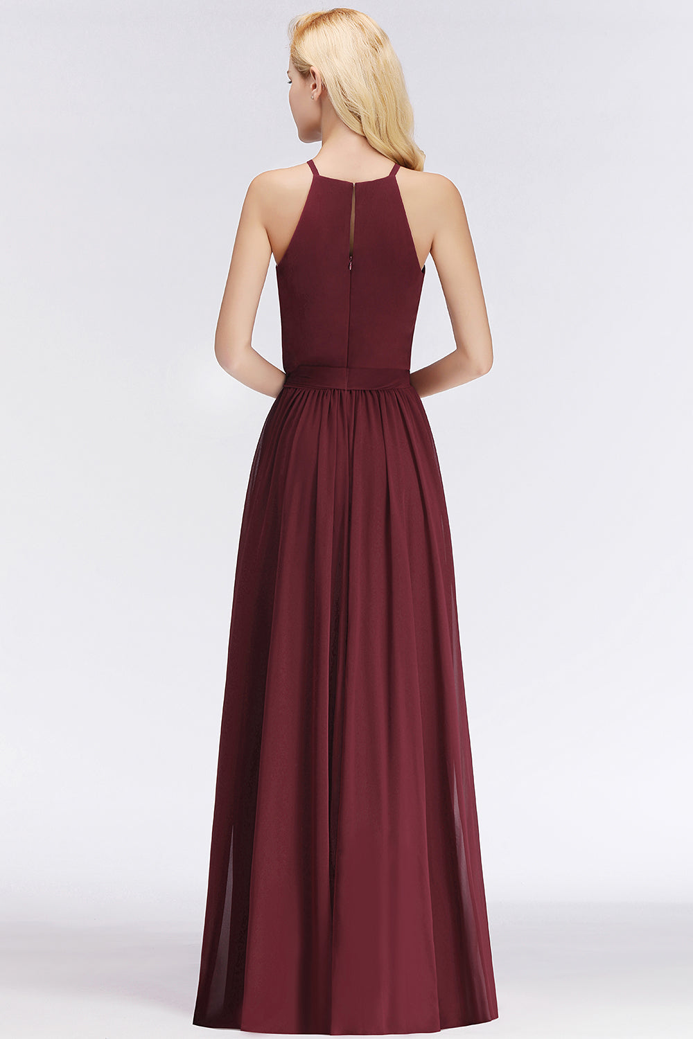 BMbridal Affordable Neckholder Schleife Long Bridesmaid Dress Modest Burgundy Chiffon Hochzeit Party Dress