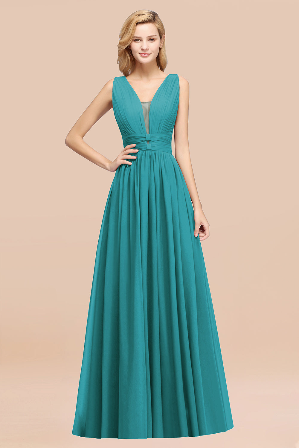 BMbridal Modest Dark Green Long Bridesmaid Dress Deep V Ausschnitt Chiffon Maid of Honor Dress