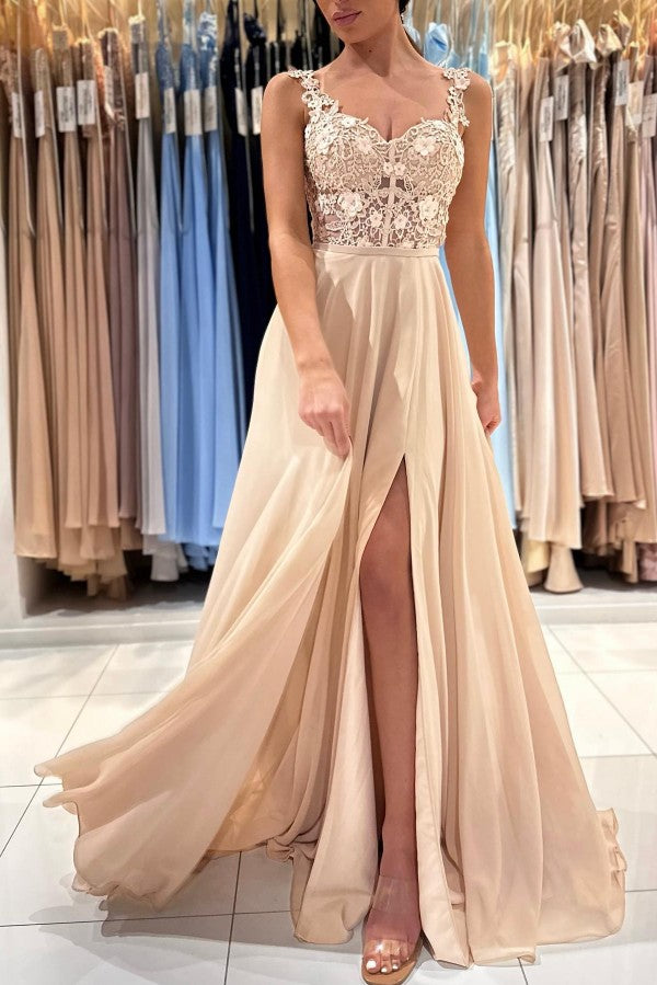 Bmbridal Träger Quadrat Prom Dress Champagne Slit With Applikation