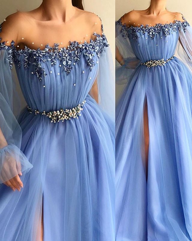 Besstellen Sie Schöne Blaue Abendkleider Lang Günstig online bei Thekleid.de. Abiballkleider mit Ärmel aus Tüll zum abiball gehen.