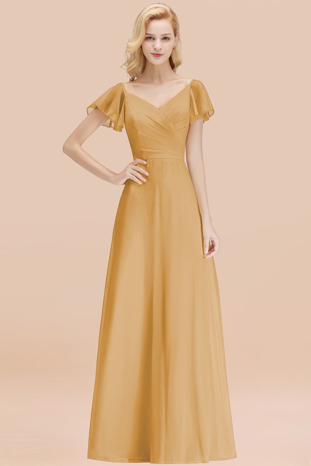 BMbridal Elegent Short-Sleeve Long Bridesmaid Dress Online Yellow Chiffon Hochzeit Party Dress