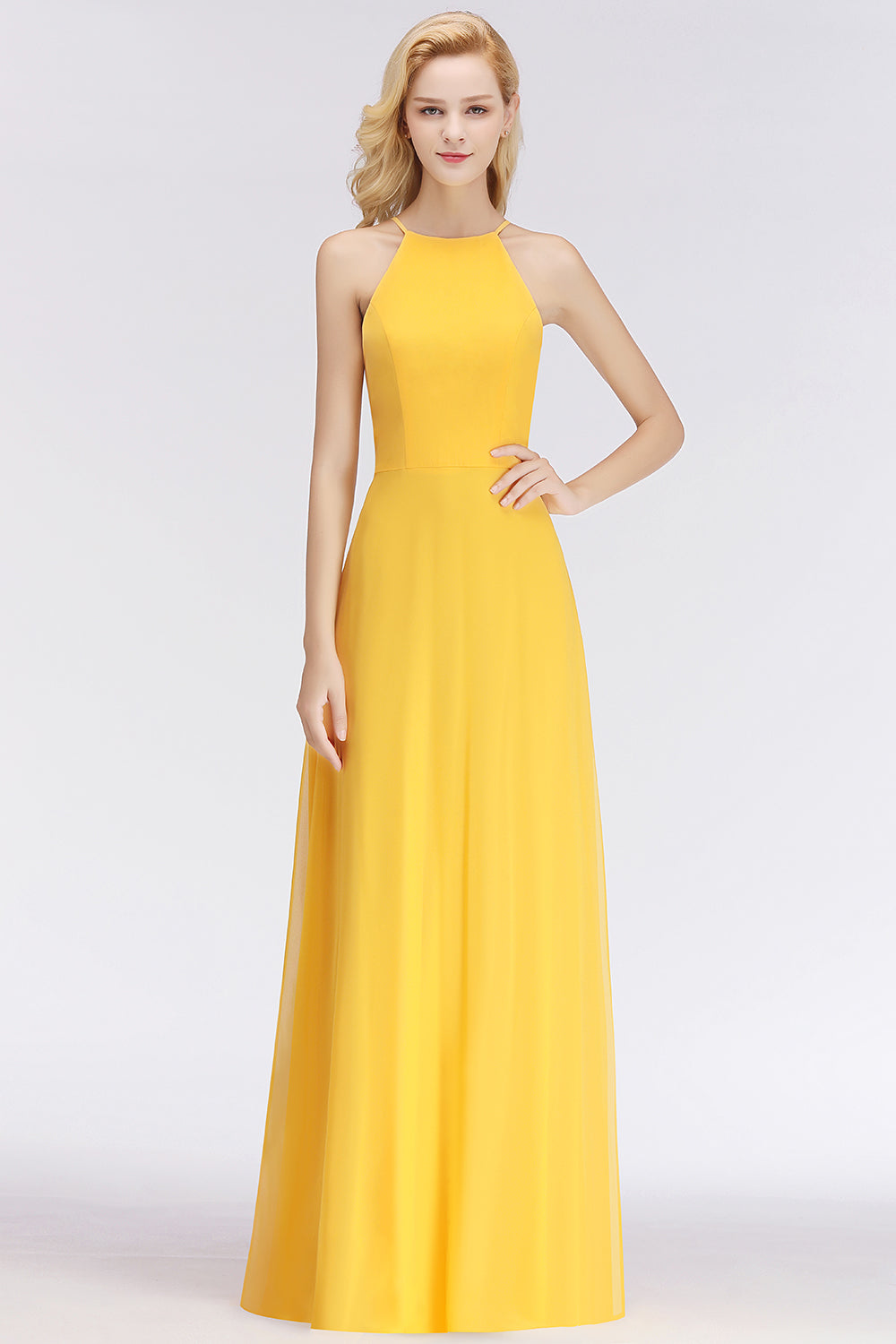 BMbridal Modest High-Neck Yellow Chiffon Affordable Bridesmaid Dresses Online