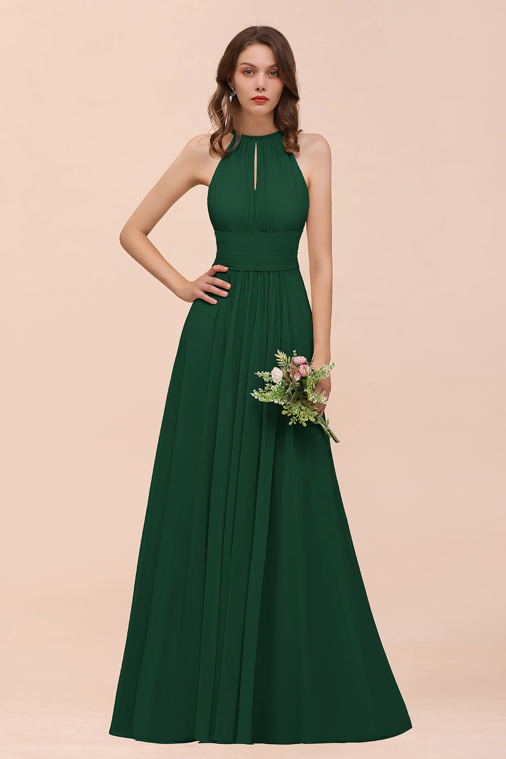 BMbridal Elegant Chiffon Jewel Ruffle Champagne Affordable Bridesmaid Dress Online