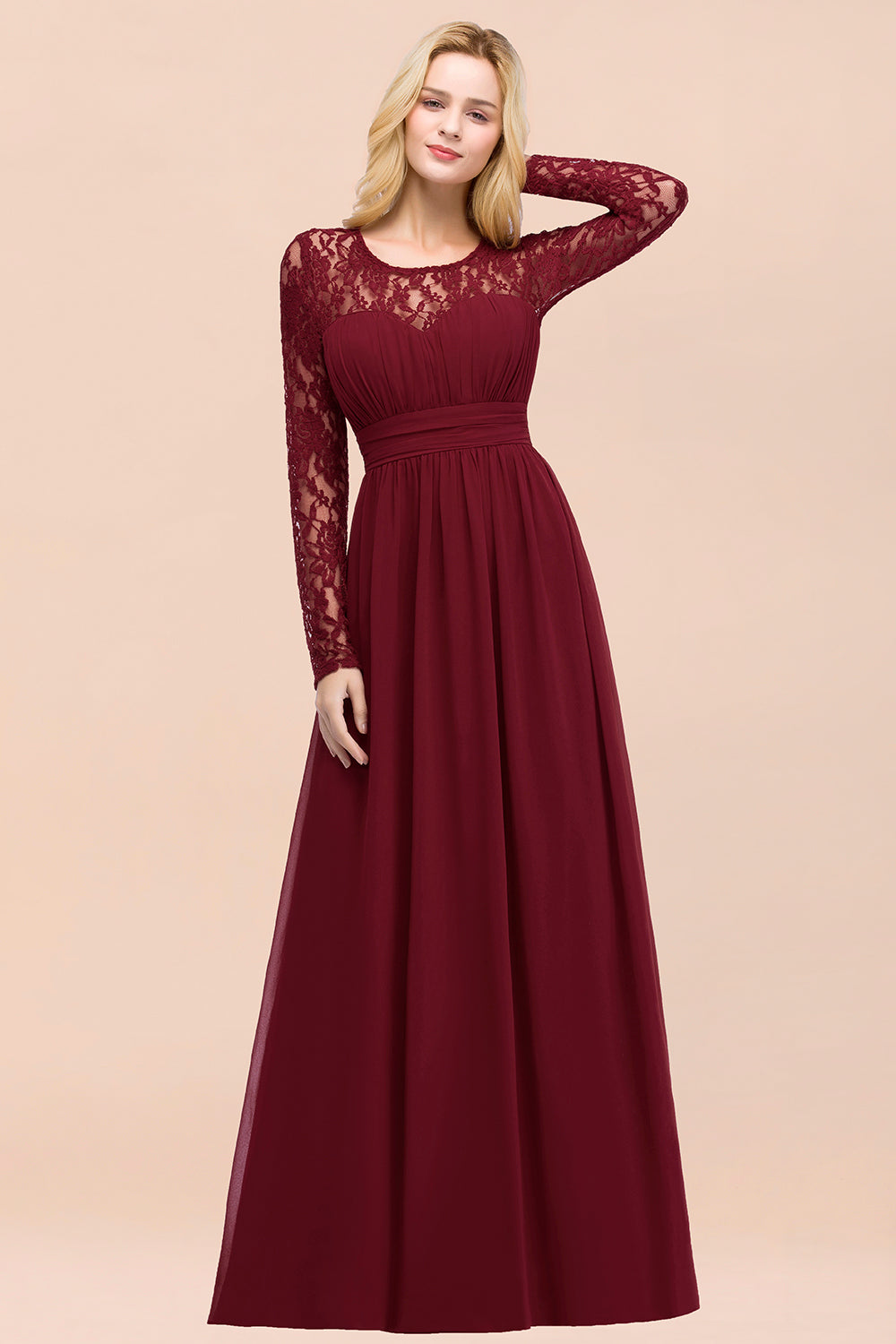 BMbridal Elegant Spitze Burgundy Bridesmaid Dresses Online with Langarm