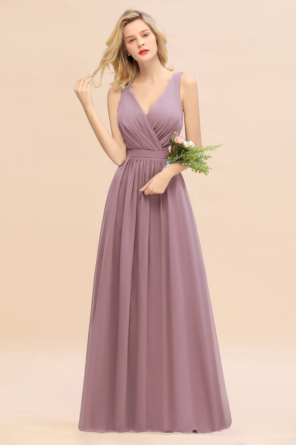 BMbridal Affordable V Ausschnitt Ruffle Long Grape Chiffon Bridesmaid Dress with Schleife