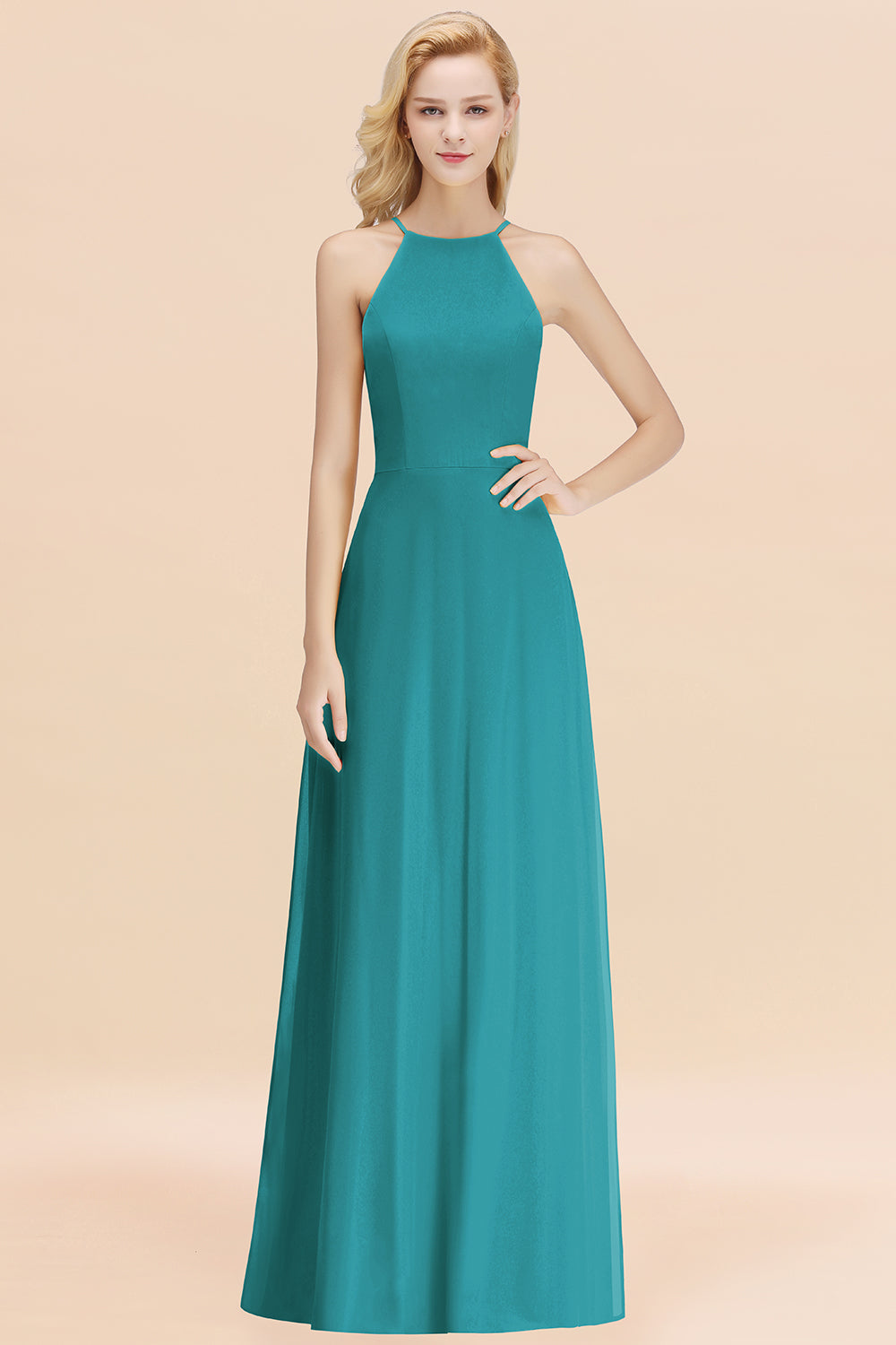 BMbridal Modest High-Neck Yellow Chiffon Affordable Bridesmaid Dresses Online