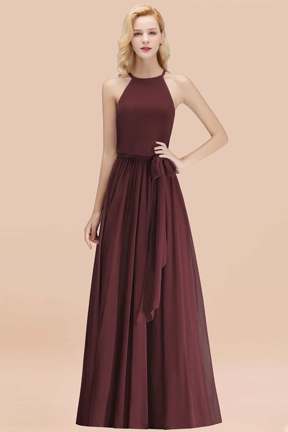 BMbridal Affordable Neckholder Schleife Long Bridesmaid Dress Modest Burgundy Chiffon Hochzeit Party Dress