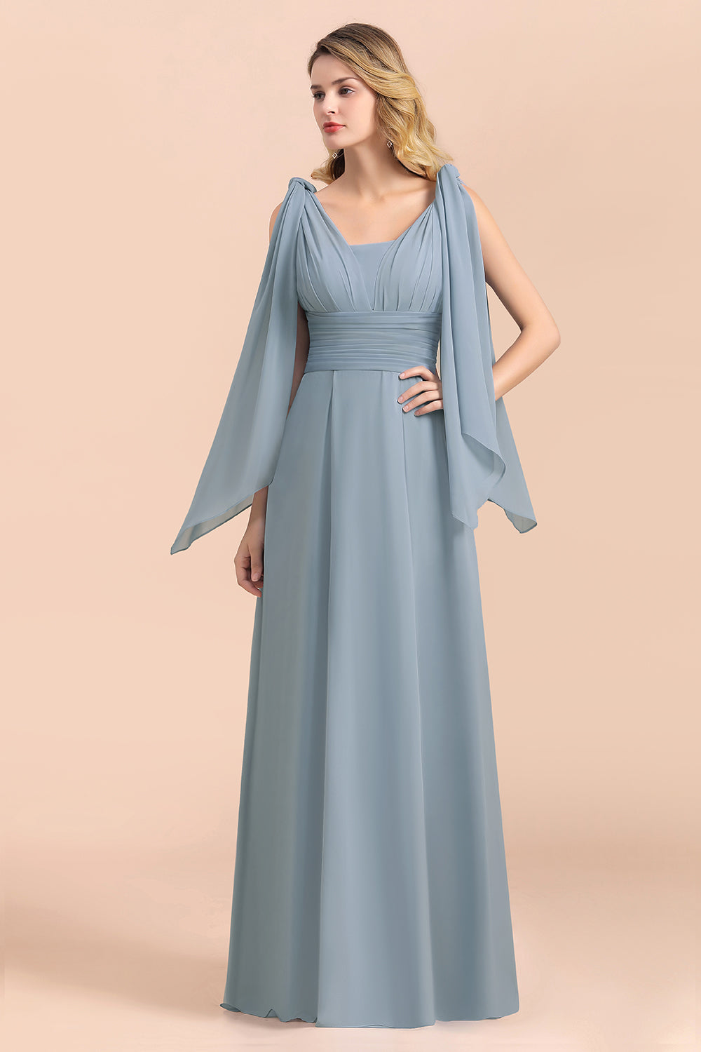 Finden Sie bei babyonlinedress.de Steel Blue Brautjungfernkleider Lang online.  Chiffon Kleider Günstig für Sie zur Hochzeit gehen,