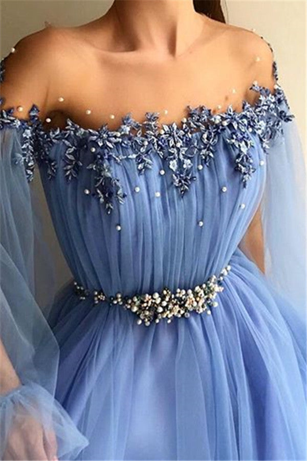 Besstellen Sie Schöne Blaue Abendkleider Lang Günstig online bei Thekleid.de. Abiballkleider mit Ärmel aus Tüll zum abiball gehen.