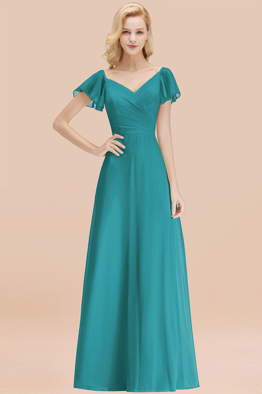 BMbridal Elegent Short-Sleeve Long Bridesmaid Dress Online Yellow Chiffon Hochzeit Party Dress