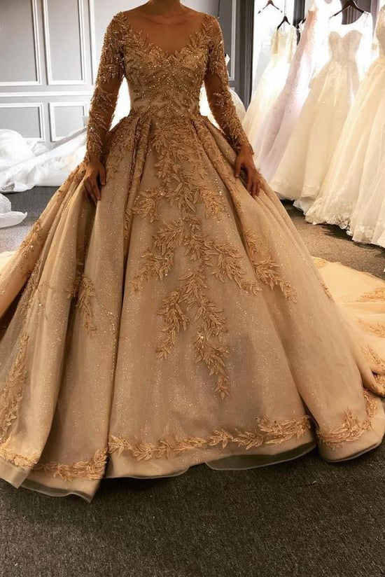 Laden Sie das Bild in den Galerie-Viewer, Bestellen Sie Luxus Gold Brautkleider Mit Ärmel online bei babyonlinedress.de. Prinzessin Hochzeitskleider mit Spitze für Sie zur Hochzeit gehen.
