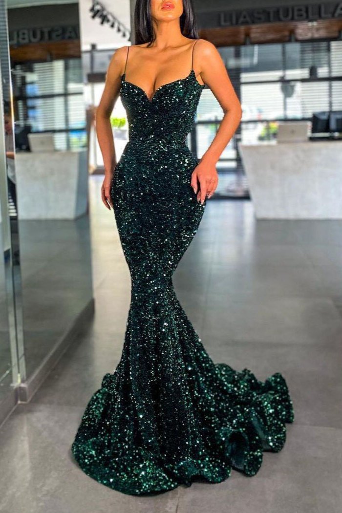 BMbridal Dark Green Sequins Prom Dress Meerjungfrau Stil Long With Späghetti-Träger