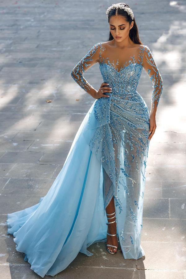 BMbridal Langarm Sky Blue Prom Dresses Meerjungfrau Stil Tüll With Perlens Slit