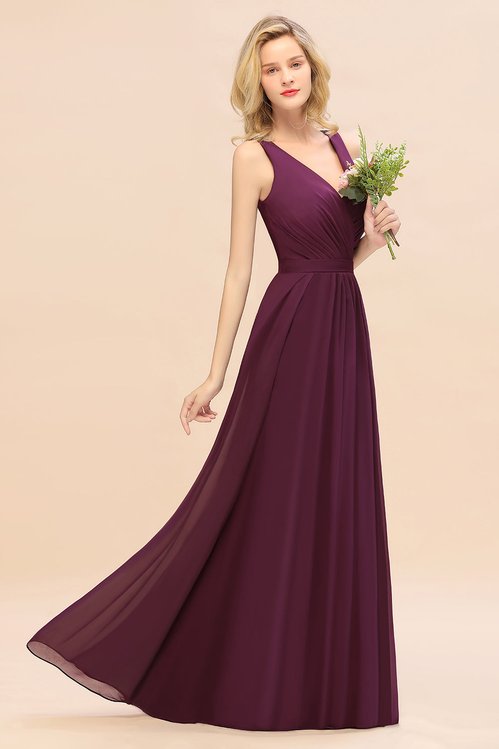 BMbridal Affordable V Ausschnitt Ruffle Long Grape Chiffon Bridesmaid Dress with Schleife