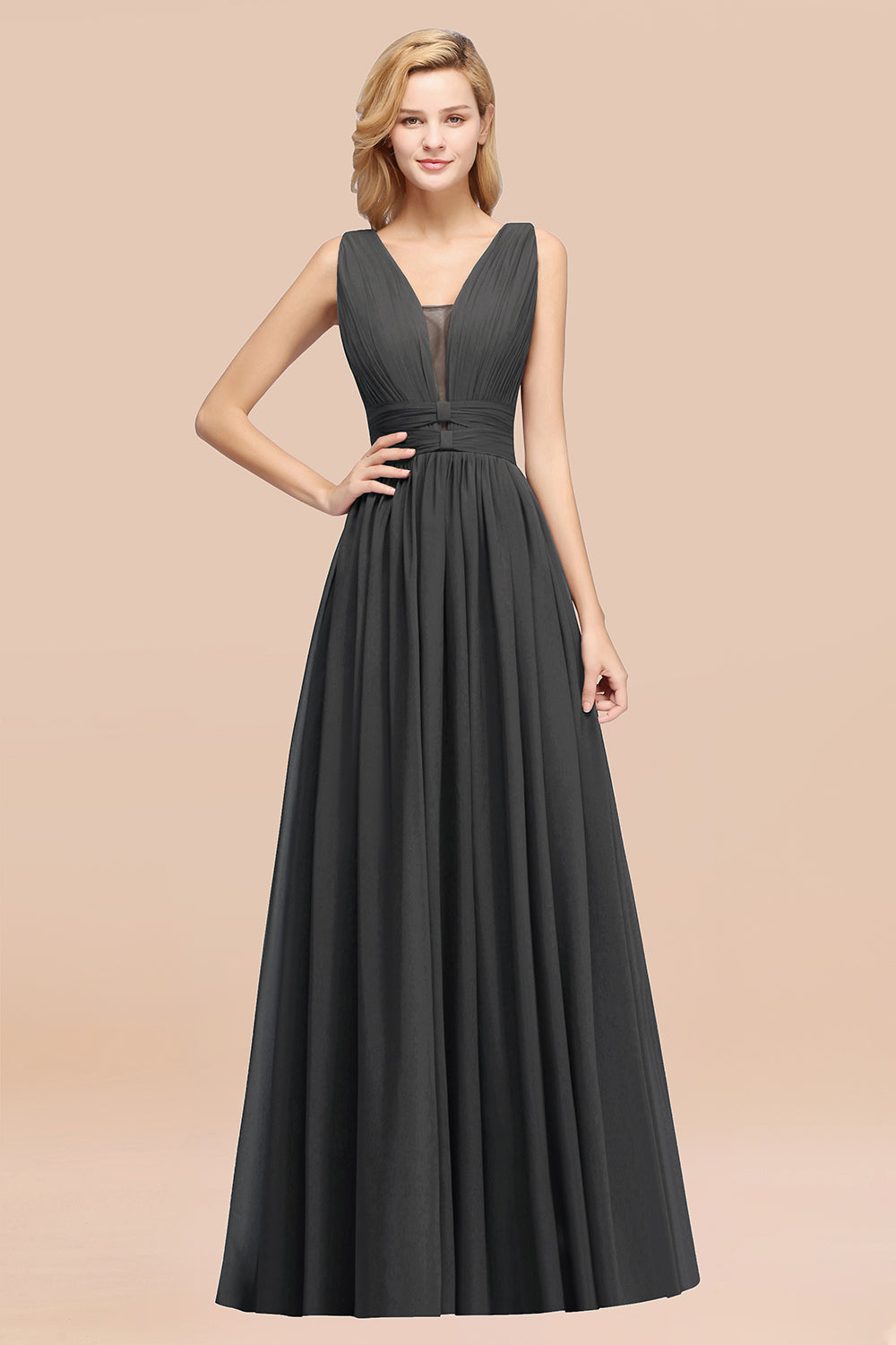 BMbridal Modest Dark Green Long Bridesmaid Dress Deep V Ausschnitt Chiffon Maid of Honor Dress