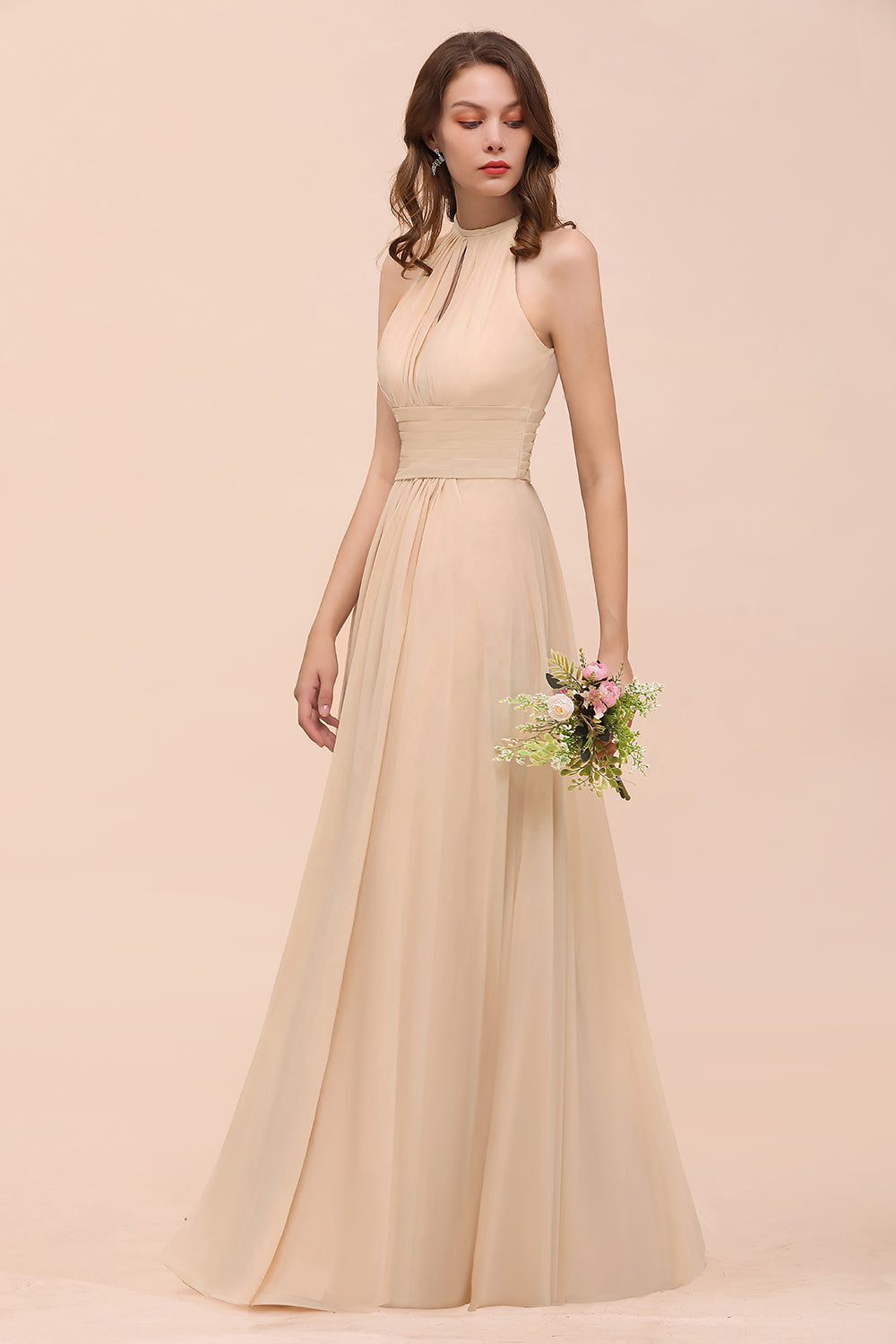 BMbridal Elegant Chiffon Jewel Ruffle Champagne Affordable Bridesmaid Dress Online