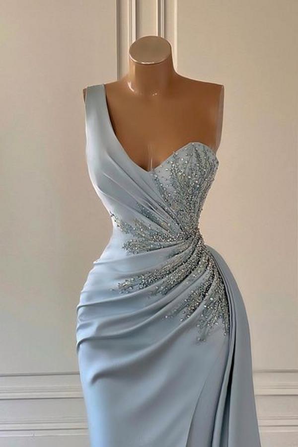 Dusty Blue Ein Schulter Long Glitter Evening Dresses