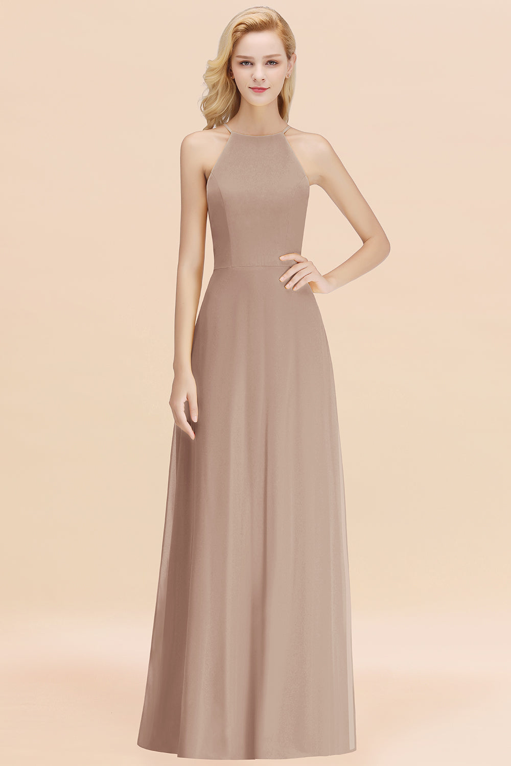 BMbridal Modest High-Neck Yellow Chiffon Affordable Bridesmaid Dresses Online