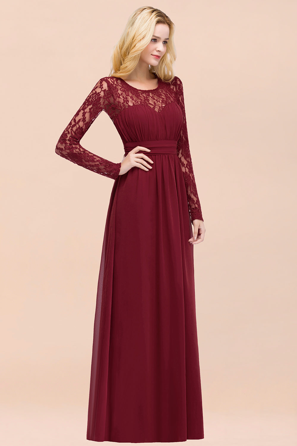 BMbridal Elegant Spitze Burgundy Bridesmaid Dresses Online with Langarm