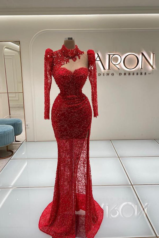 Laden Sie das Bild in den Galerie-Viewer, Bmbridal Red Langarm Evening Dress Meerjungfrau Stil Long With Spitze
