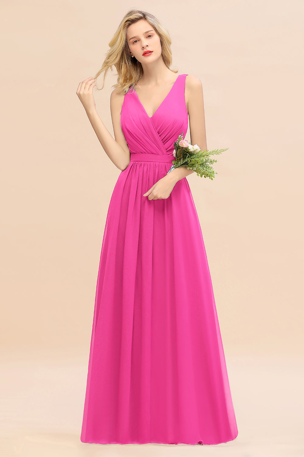 BMbridal Affordable V Ausschnitt Ruffle Long Grape Chiffon Bridesmaid Dress with Schleife