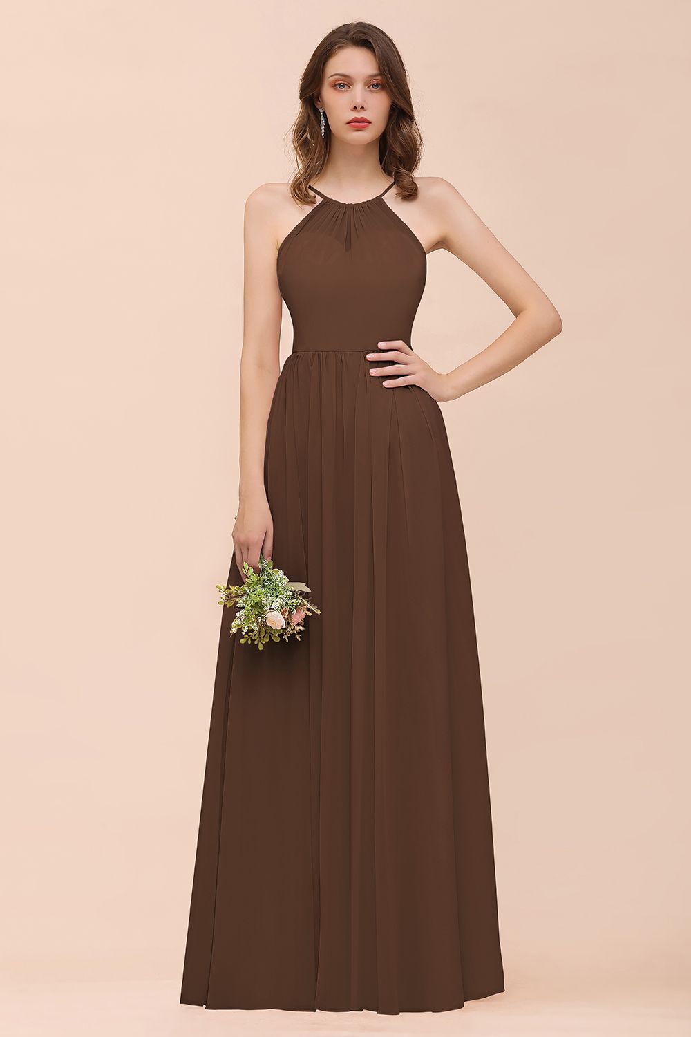 BMbridal Gorgeous Chiffon Neckholder Ruffle Affordable Long Bridesmaid Dress