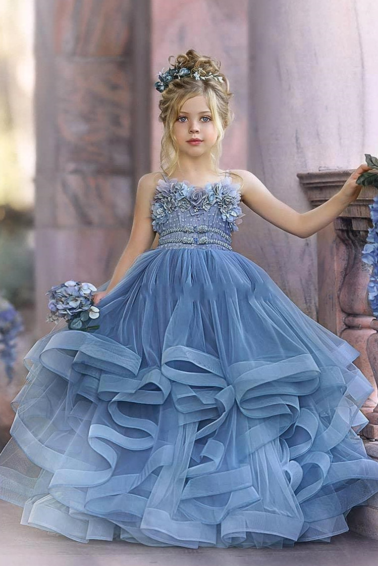 BMbridal Blue Späghetti-Träger Tüll Flower Girl Dress Layered With Applikation