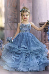 BMbridal Blue Späghetti-Träger Tüll Flower Girl Dress Layered With Applikation