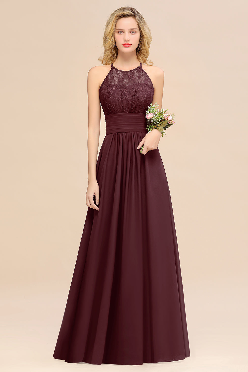 BMbridal Elegant Neckholder Rüschen Ärmellos Grape Spitze Bridesmaid Dresses Affordable