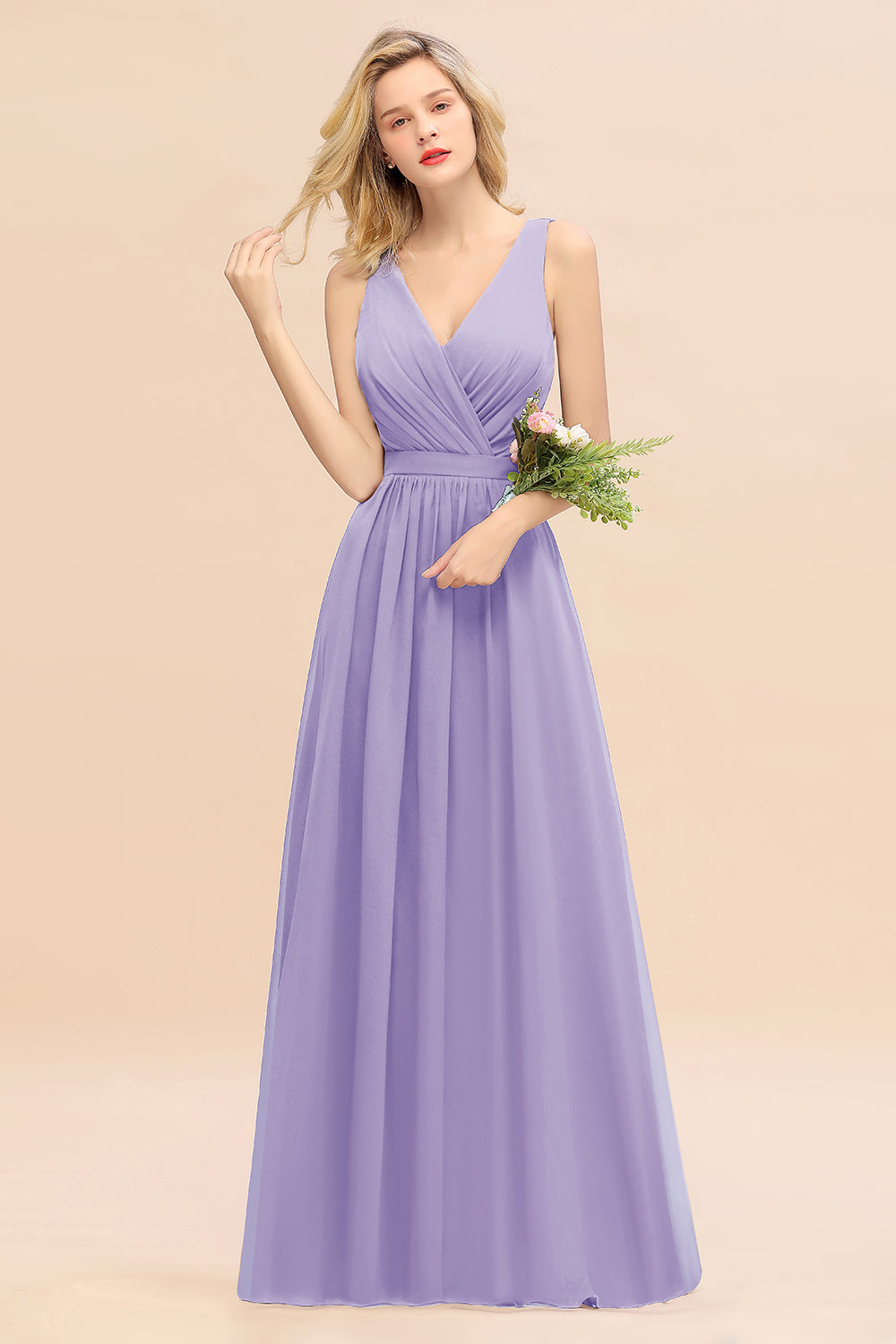 BMbridal Affordable V Ausschnitt Ruffle Long Grape Chiffon Bridesmaid Dress with Schleife