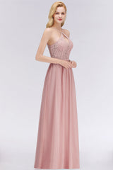 BMbridal Elegant Spitze Keyhole Neckholder Dusty Rose Chiffon Bridesmaid Dress Affordable