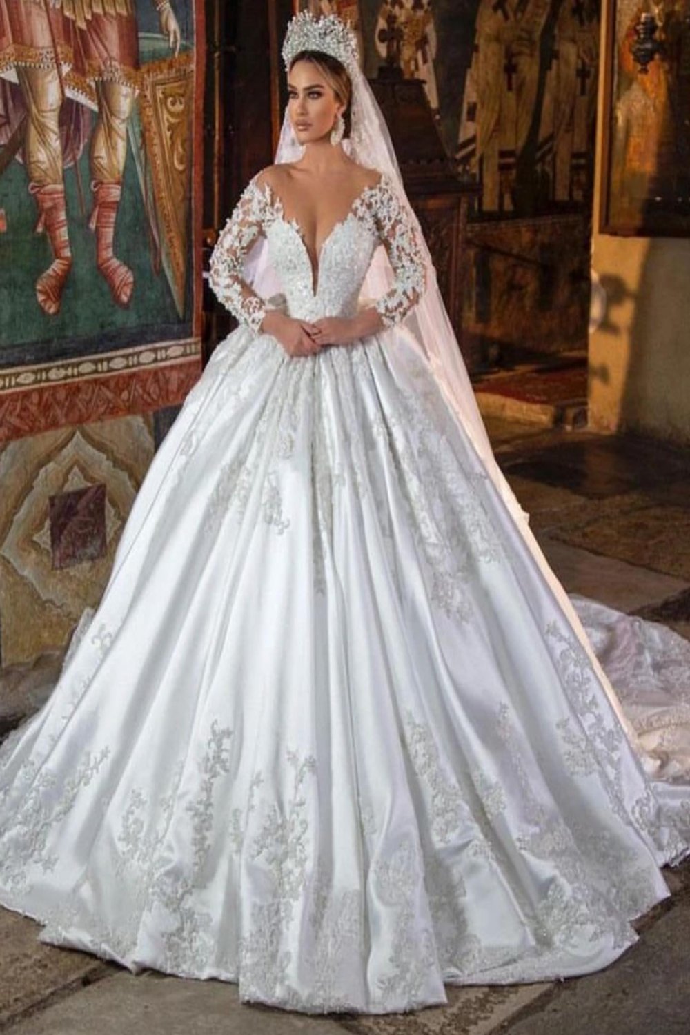 Bmbridal Langarm Duchesse/Herzogin Hochzeit Dress V Ausschnitt With Spitze Applikation