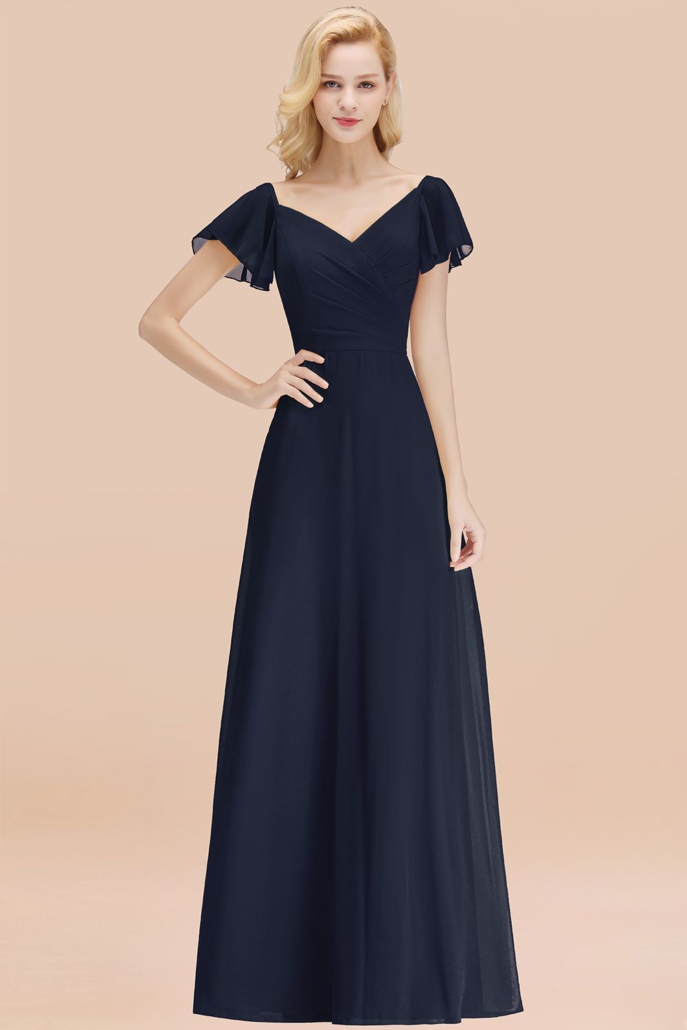 BMbridal Elegent Short-Sleeve Long Bridesmaid Dress Online Yellow Chiffon Hochzeit Party Dress