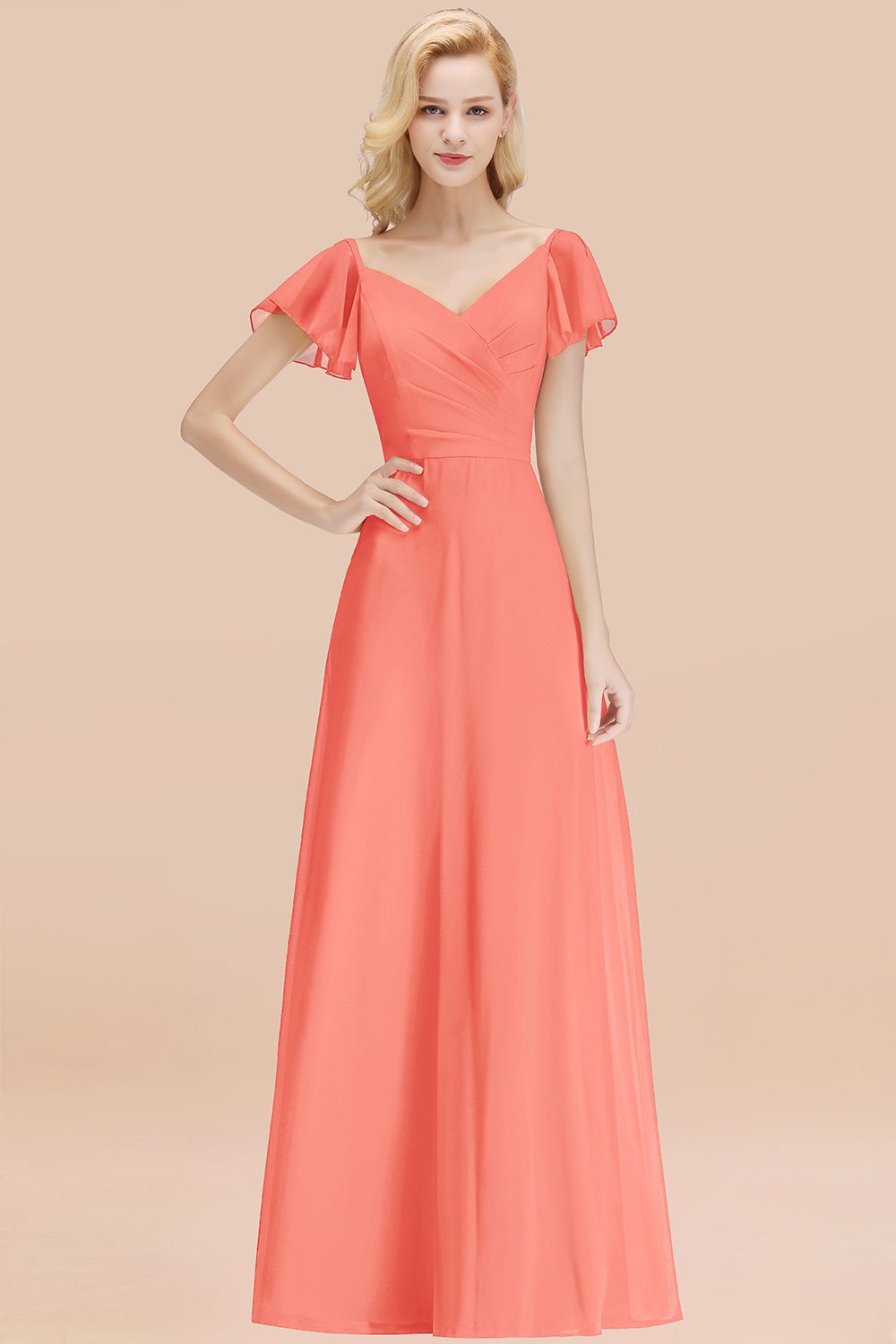 BMbridal Elegent Short-Sleeve Long Bridesmaid Dress Online Yellow Chiffon Hochzeit Party Dress