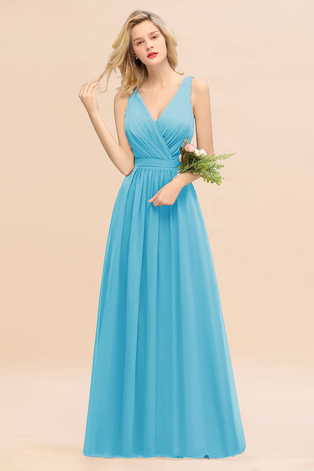 BMbridal Affordable V Ausschnitt Ruffle Long Grape Chiffon Bridesmaid Dress with Schleife