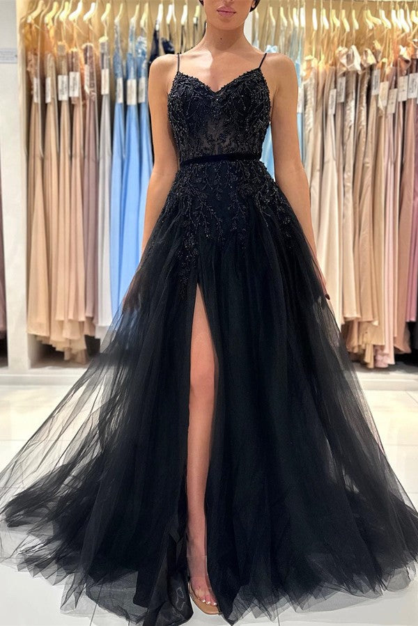 Bmbridal Späghetti-Träger Black Prom Dress Ärmellos Tüll With Split