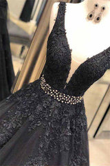 BMbridal Black V Ausschnitt Spitze Prom Dress Long Ärmellos Evening Gowns With Beads