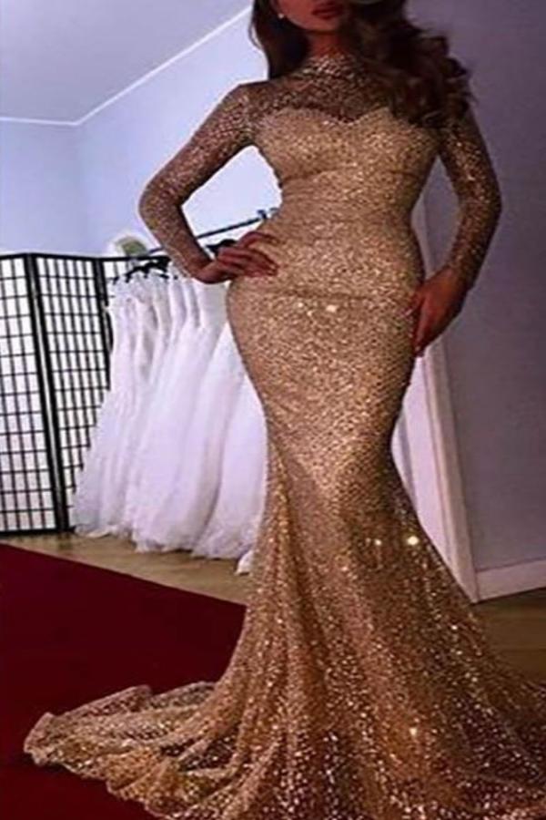 Bekommen SIe Designer Gold Abendkleider Mit Ärmel Pailletten online bei Thekleid.de. Abendmoden Abiballkleider Online nach Maße anfertigen machen.